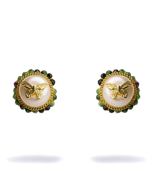 Ebru Jewelry Metallic Jade Halo Pearl & Butterfly Stud Earrings
