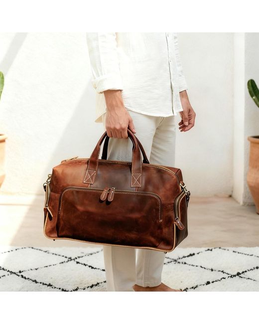 Touri Brown Genuine Leather Front Pockets Boarding Bag for men