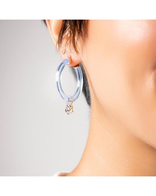 Gold & Honey Blue Flower Charm Hoop Earrings