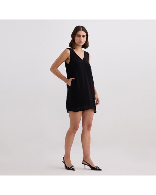 REISTOR Black Midnight Muse V-Neck Short Crepe Crepe Dress