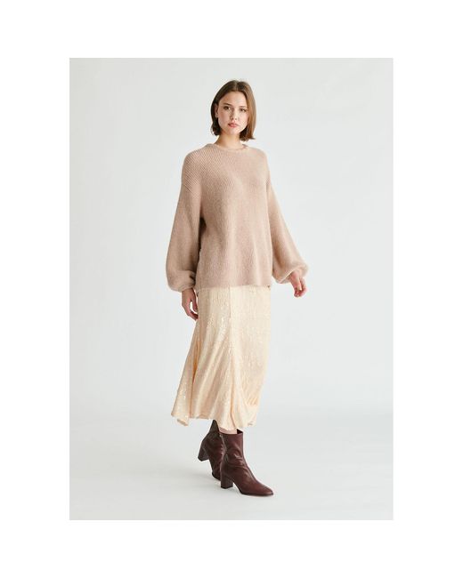 Paisie Natural Balloon Sleeves Jumper With Cable Details