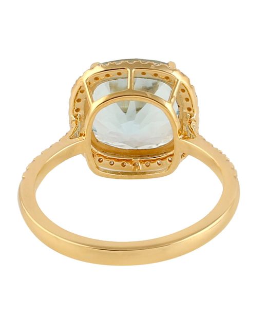 Artisan Square Shape Blue Topaz Pave Diamond In 18k Yellow Gold Handmade Cocktail Ring