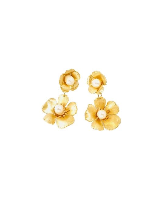 The Pink Reef White Small Double Golden Flower With Pearl Earrings