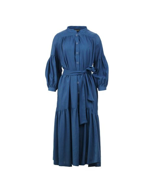 Conquista Blue Linen Style Dress With Pockets