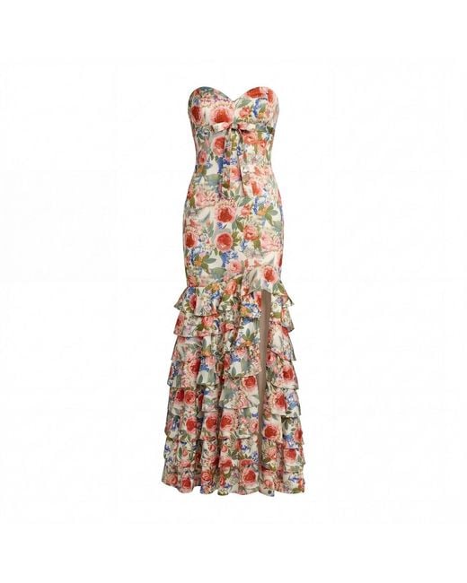 Mac Duggal Brown Strapless Sweetheart Neck Floral Gown With Ruffle Hem