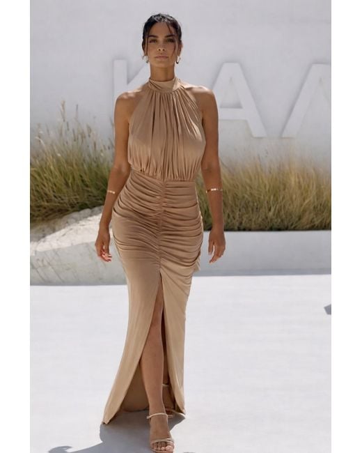 Monice London Natural Selene- Backless & Bra Friendly Halter Maxi Dress