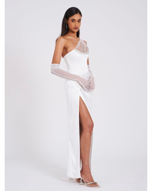 Miss Circle New York White Lora Crystal Embellished Mesh Satin Corset Gown