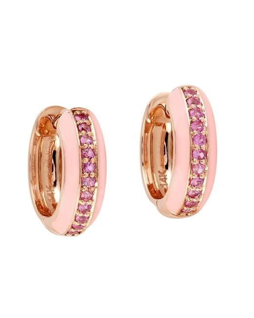 Artisan 14k Solid Rose Gold & Pave Pink Sapphire With Pink Enamel Designer Hoop Earrings