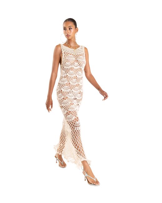 Andreeva White Neutrals Pearl Handmade Maxi Crochet Dress