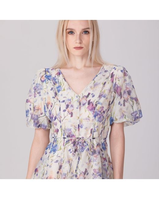 Smart and Joy Multicolor Neutrals Flower Print Fit-And-Flare Tea Organza Dress