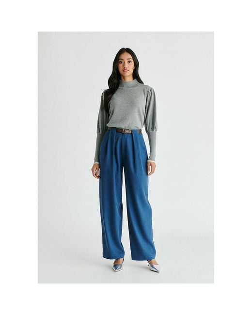 Paisie Blue Belted Wide Leg Trousers With Box Pleats