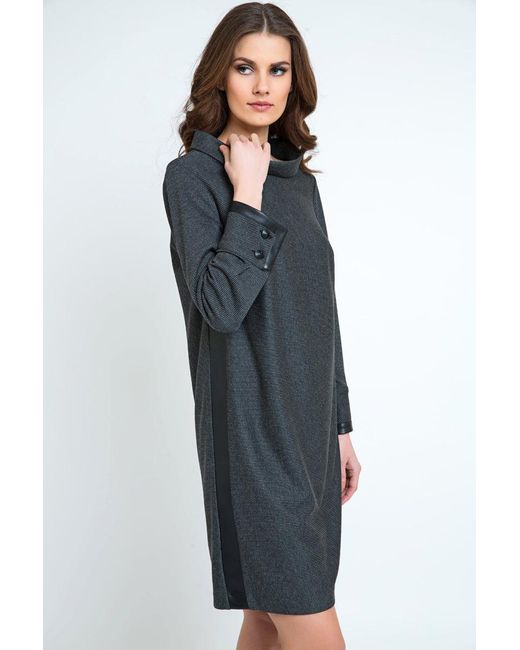 Conquista Blue Casual H-Line Stand Collar Long Sleeve Midi Dress