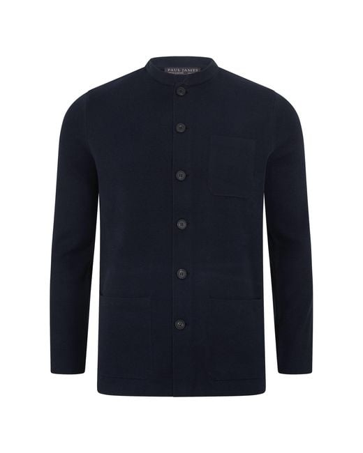 Paul James Knitwear Blue Midweight Cotton Jaipur Knitted Nehru Jacket for men