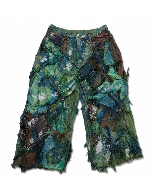 Zasta Studio Green Wearable Ruins Shredded Wide Leg Colored Denim Pants B