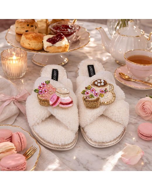 Laines London Metallic Neutrals Neutral Boucle Slippers With Macaroon Brooches