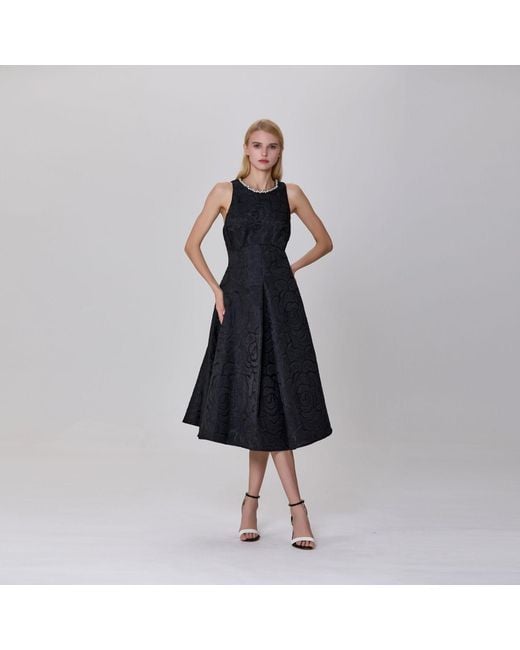 Smart and Joy Black Fit-And-Flare Collar Trim Textured Jacquard Dress