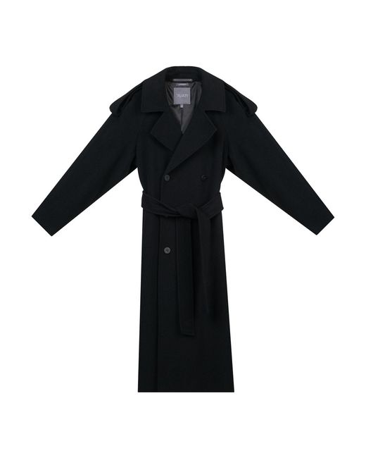 InAvati Black Long Double-Breasted Wool Coat