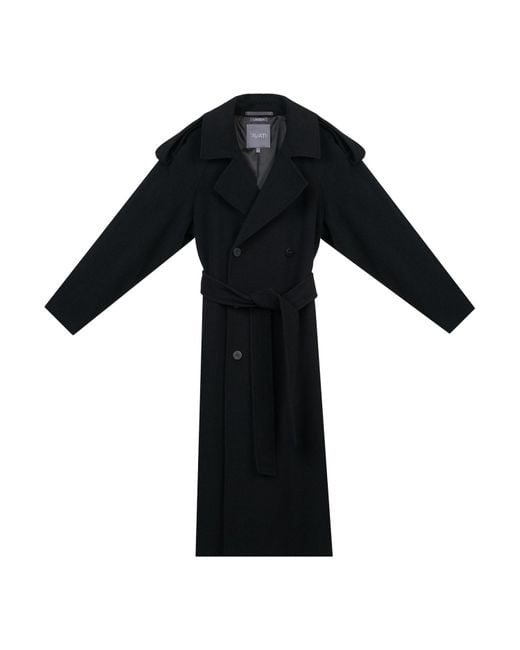 InAvati Black Long Double-Breasted Wool Coat