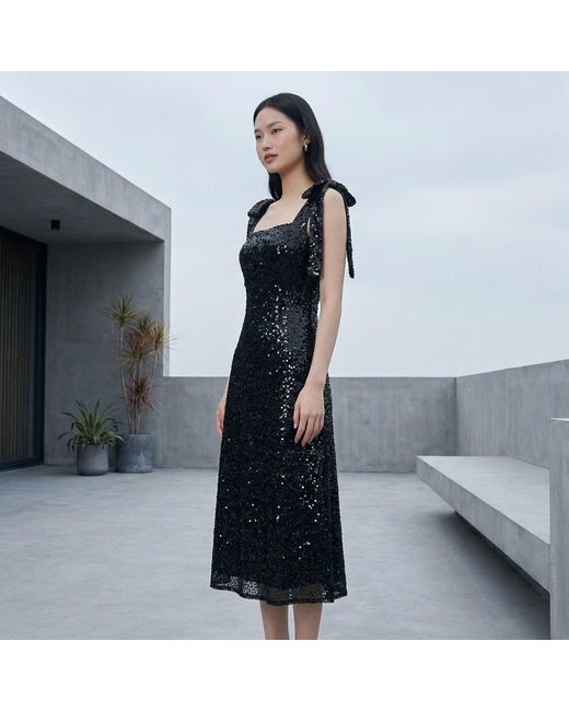 Modenaire Black Embellished Midi Dress Sculpted Neckline