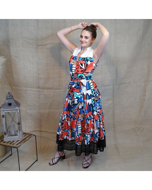 Lalipop Design Blue Long Sleeveless Voile Dress With Black Embroidery Detail