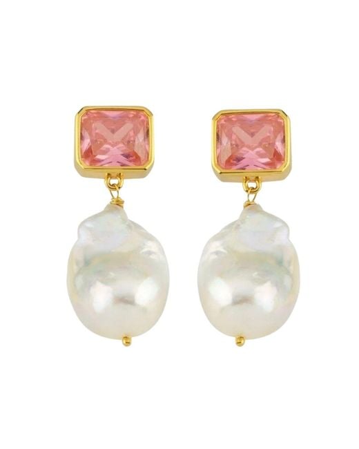 LINYA JEWELLERY Pink Crystal Stone Baroque Pearl Dangle Earrings