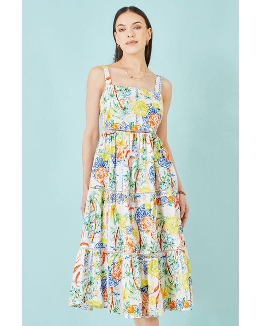 Yumi' White Mediterranean Print Cotton Midi Sun Dress