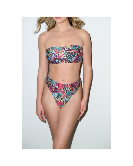 Playaluxe Red Capri Ruched High Waist Thong Bikini Bottom Confetti Floral