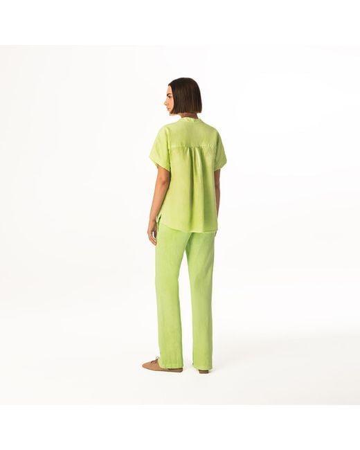 Haris Cotton Green Short Sleeved Linen Shirt With Front Pleat And V Neck Crystal
