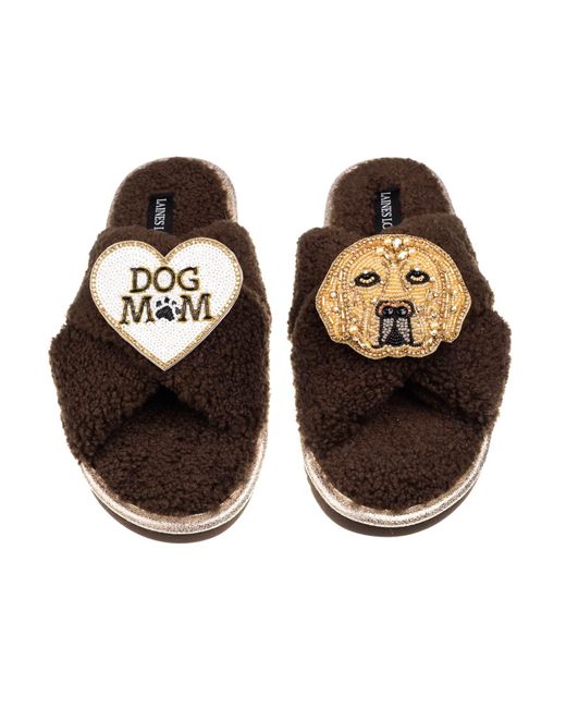 Laines London Brown Neutrals Laines Neutral Boucle Slippers With Skip The Golden Lab & Dog Mum/Mom Brooches