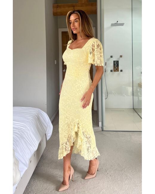 Girl In Mind Yellow Heidi Lace Ruched Midi Dress