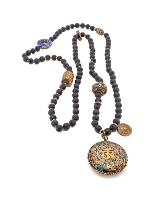 Ebru Jewelry Metallic Nepal & Gemstone Mantra Pendant Beaded Spiritual Necklace