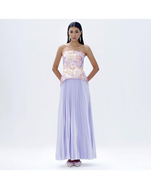 Justin Tong Purple Cascade Pleated Gown