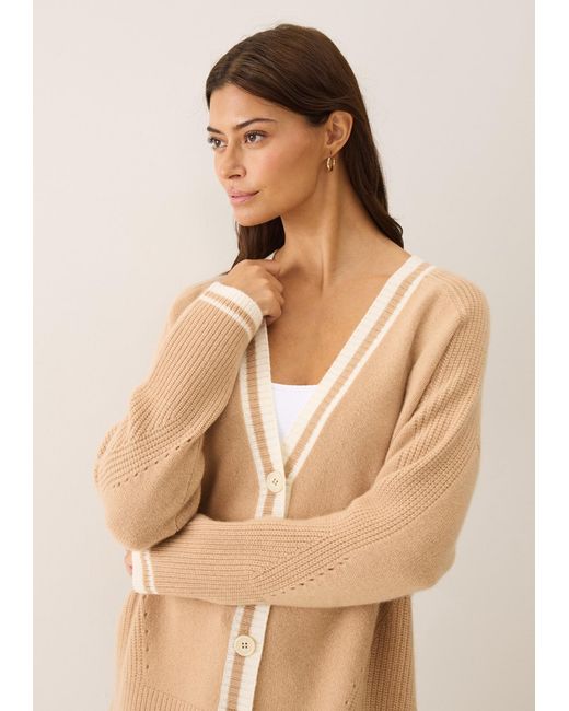 Loop Cashmere Natural Neutrals Striped Tipped V Neck Lofty Cardigan