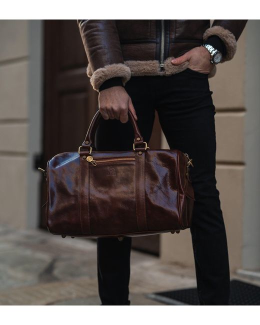 Time Resistance Brown Small Leather Overnight Bag, Duffel Bag for men