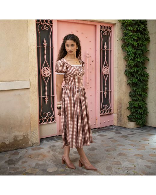 Echo of Pink Red Solene Gingham Hand Block Print Cotton Midi Dress