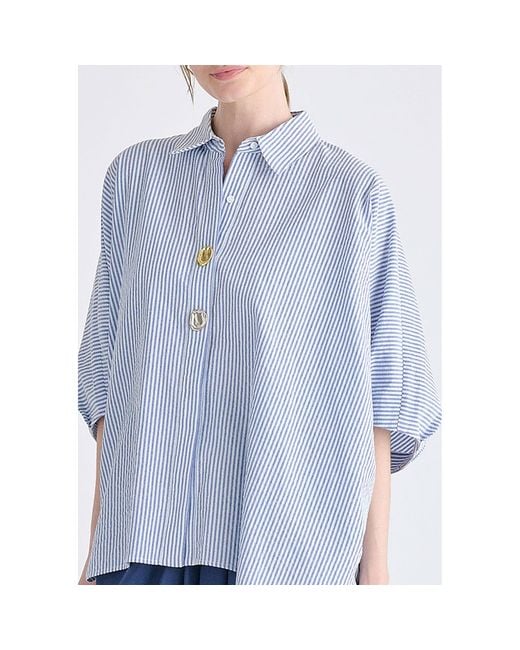 Paisie Blue Metallic Button Details Oversized Blouse