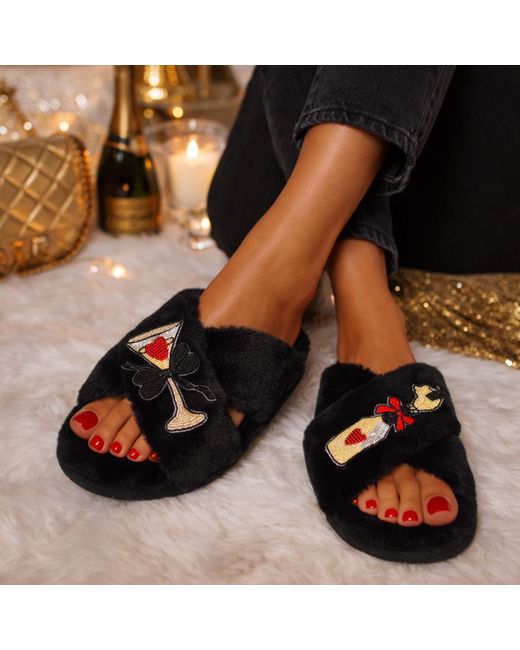 Laines London Black Classic Laines Slippers With Popping Champagne Brooches