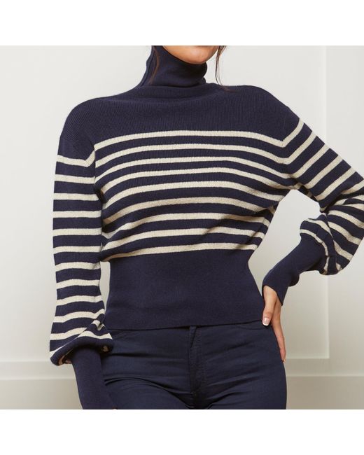 Guinea London Blue Cream Lurex Stripe Cashmere Roll Neck Jumper