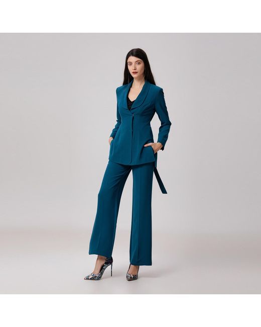 Smart and Joy Blue Long Tailor Knot On Waist Blazer