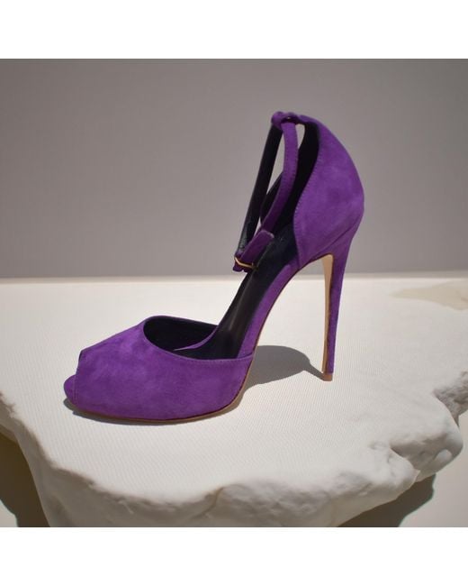 Aethra Shoes Purple Arit Suede Peep Toe Ankle Strap Stiletto Heel Sandals