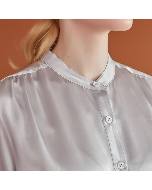 Soft Strokes Silk Gray Pure Silk Long Sleeve Banded Collar Blouse