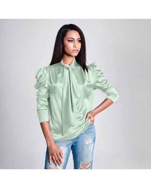 Imaatu Green Water Mint Silk Satin Tie-Neck Blouse – Elegant Evening Statement