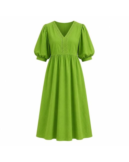 IZABELA MANDOIU Green Cotton Midi Dress With Puff Sleeves And Lace Inserts