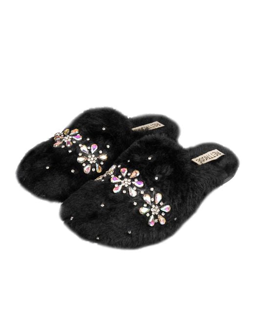 Rettrose Black Kamila Luxury Plush Diamanté Embellished Handmade Slipper