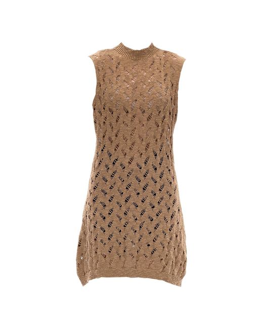Maison Bogomil Brown Linen Shell – Knit Tunic Dress With Short Linen Sleeves