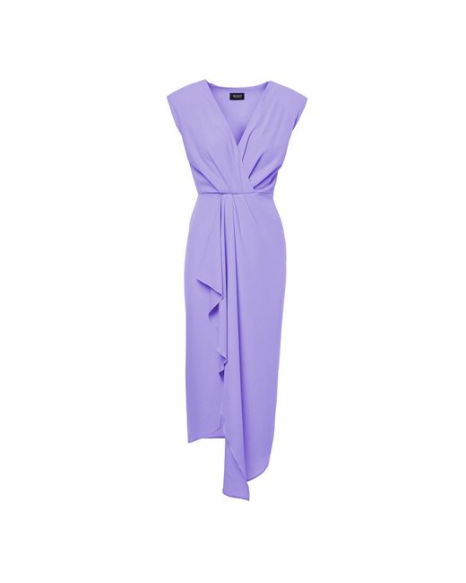 BLUZAT Pastel Purple Midi Dress With Draping And Pleats