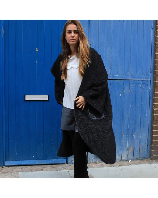 Boutique Kaotique Black Moroccan Oversized Wool Coat With Embroidered Pockets