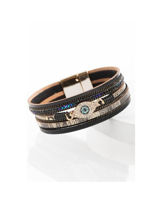 Saachi Black Evil Eye Leather Metallic Bracelet