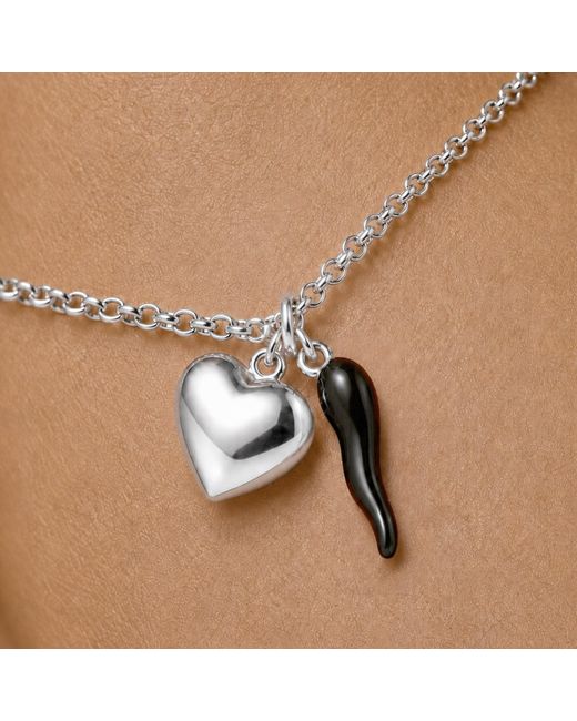 Unaloe Metallic Sterling Cornicello & Heart Charm Bracelet – Enamel Italian Good Luck Jewelry, Handmade Lucky Talisman