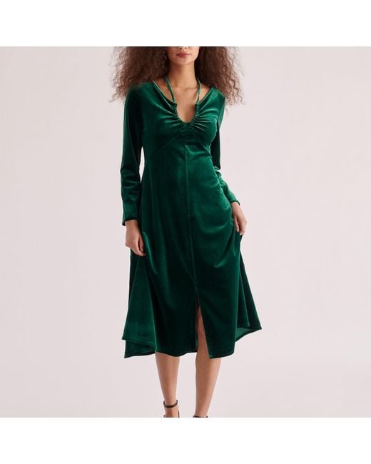 Paisie Green Velvet Tie-Neck Dress